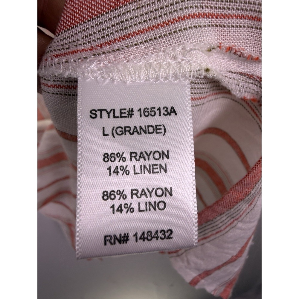 Staccato L Coral White Stripe Hi Lo Button Blouse Shirt Hem Roll Tab Slv Linen - Picture 7 of 10